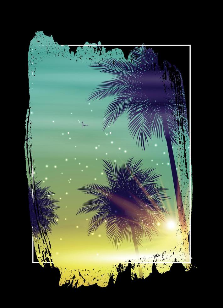 cartaz de praia à noite de verão. fundo natural tropical com palma. decoração para tecido, têxteis, ilustração vetorial de roupas vetor