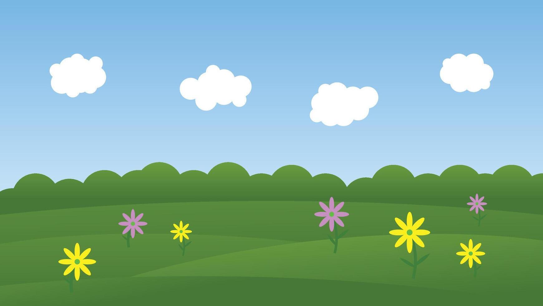 panorama desenho animado cena. colorida flor em verde campo com Sol e branco nuvem em azul céu fundo vetor
