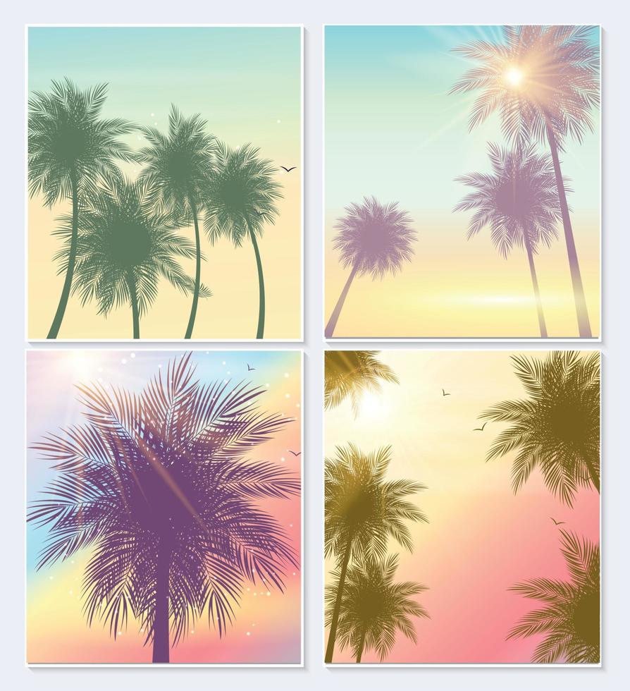 verão, banners ou cartazes, modelo de folheto de palma natural de horário de verão. fundo definido com palmas, folhas, mar, nuvens, céu, cores de praia. ilustração vetorial vetor