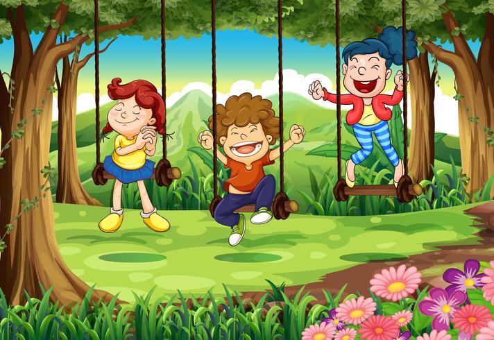 Três crianças em balanços na floresta vetor