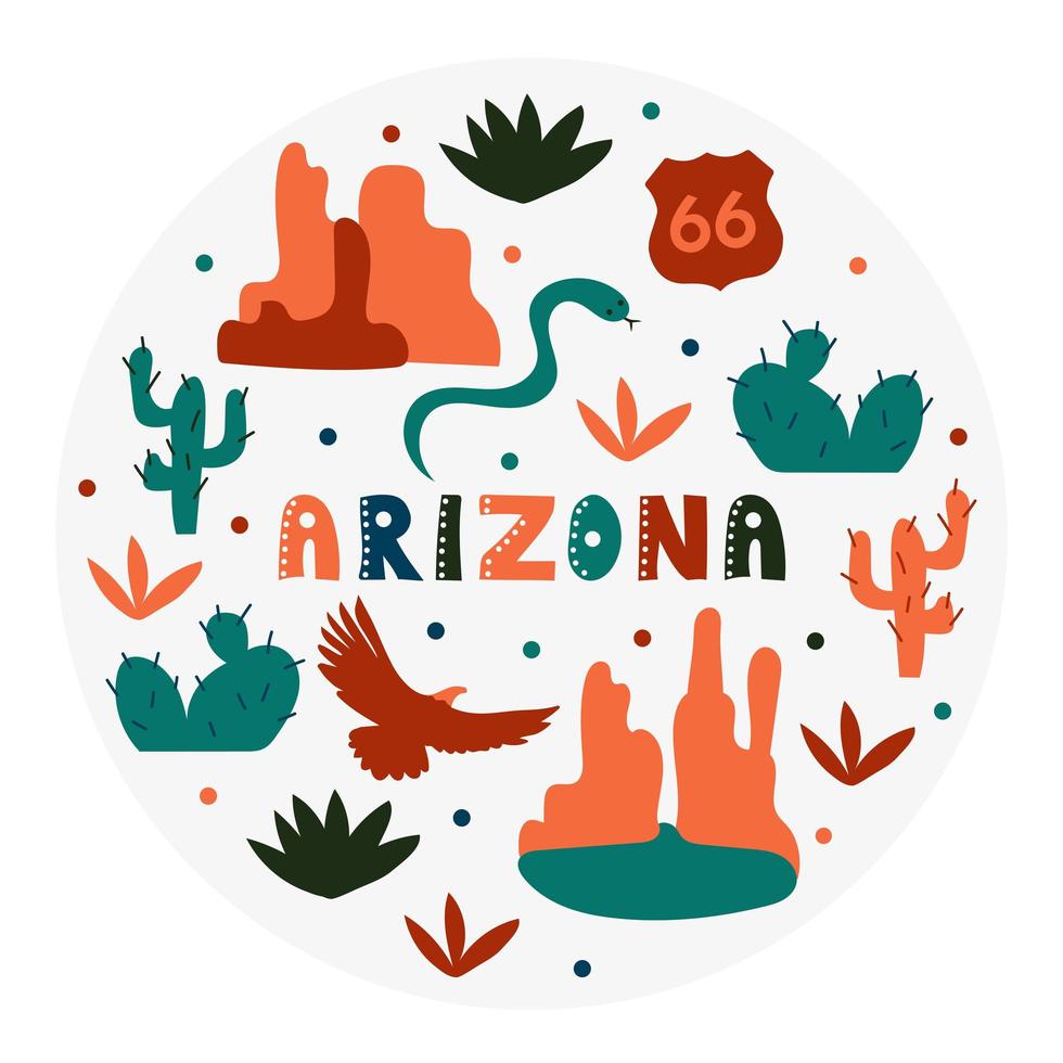 coleção dos EUA. ilustração do vetor do tema do arizona. símbolos de estado