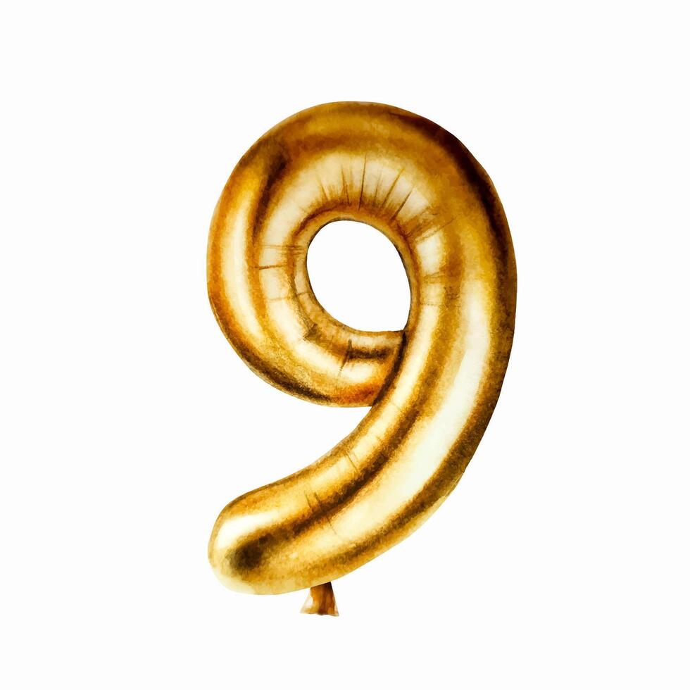 aguarela dourado frustrar balão dígito 9. mão desenhado aniversário festa número decoração isolado em branco fundo. brilhante elemento para designers, impressões, bebê banho, cartões postais, invólucro papel, holid vetor