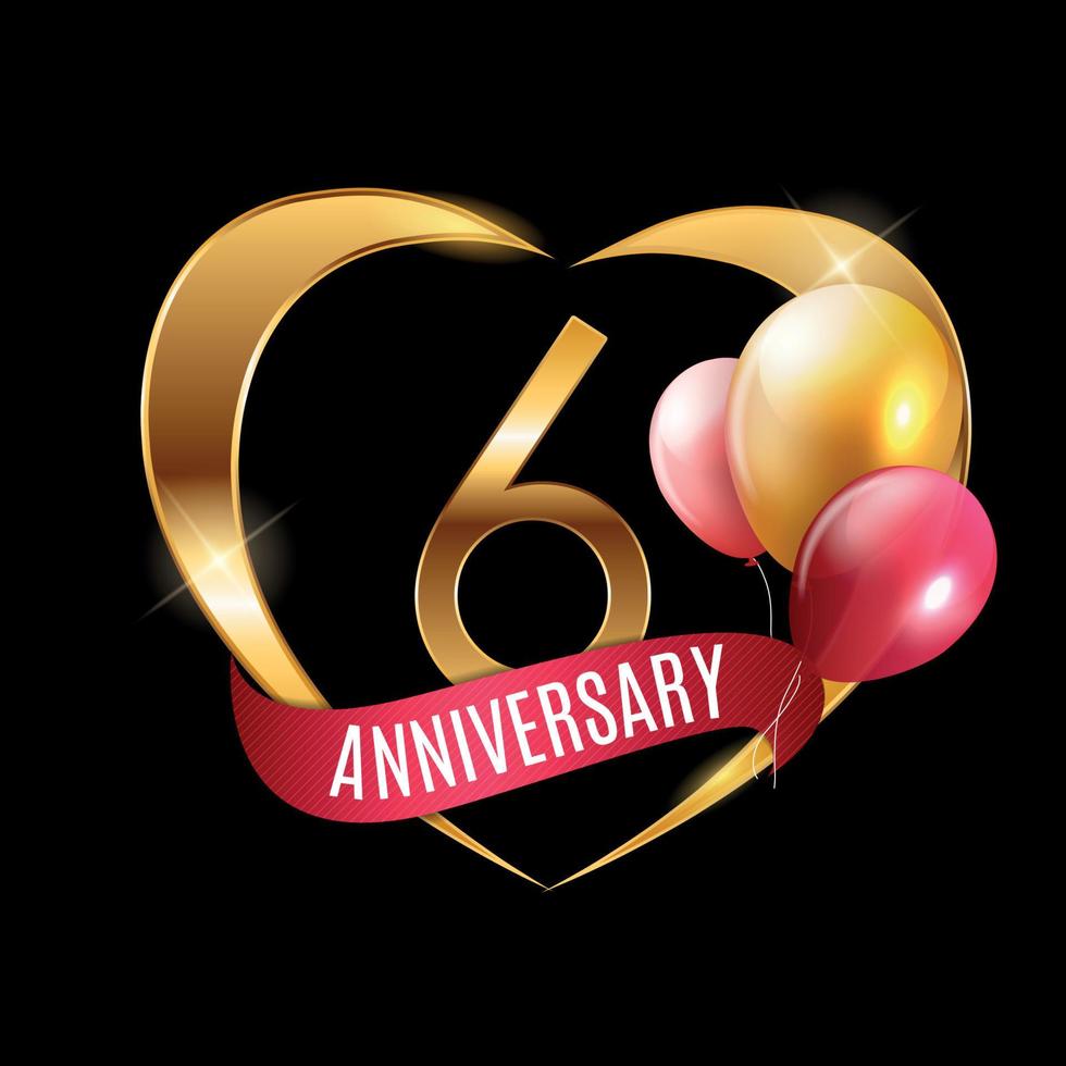 modelo de logotipo dourado 6 anos de aniversário com fita e ilustração vetorial de balões vetor