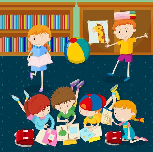 Crianças, leitura, livros, em, sala aula vetor