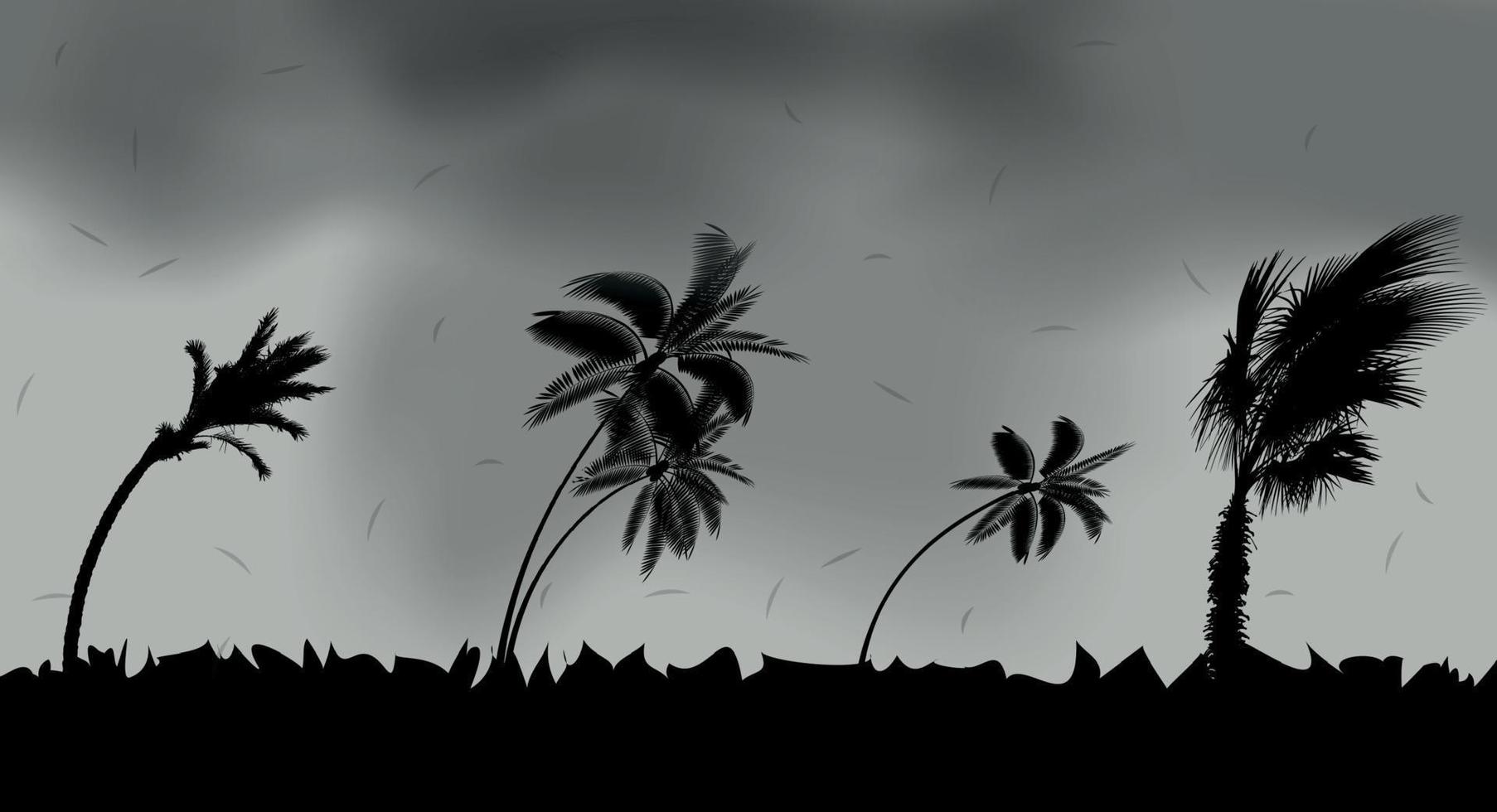 palmeiras durante tempestades e furacões. folhas voam no céu em uma tempestade. ilustração vetorial vetor