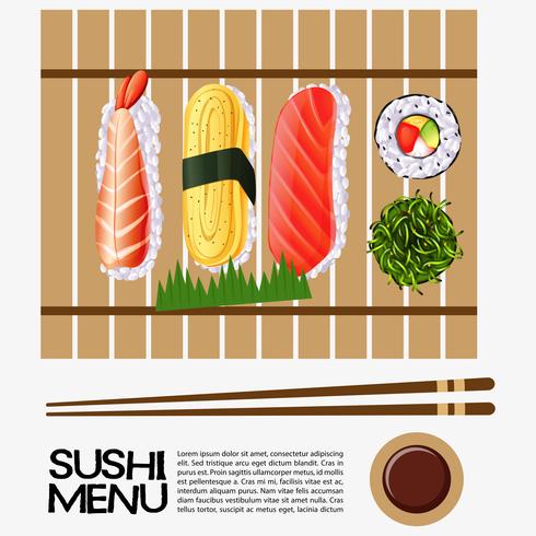 Sushi menu design com sushi na bandeja de madeira vetor
