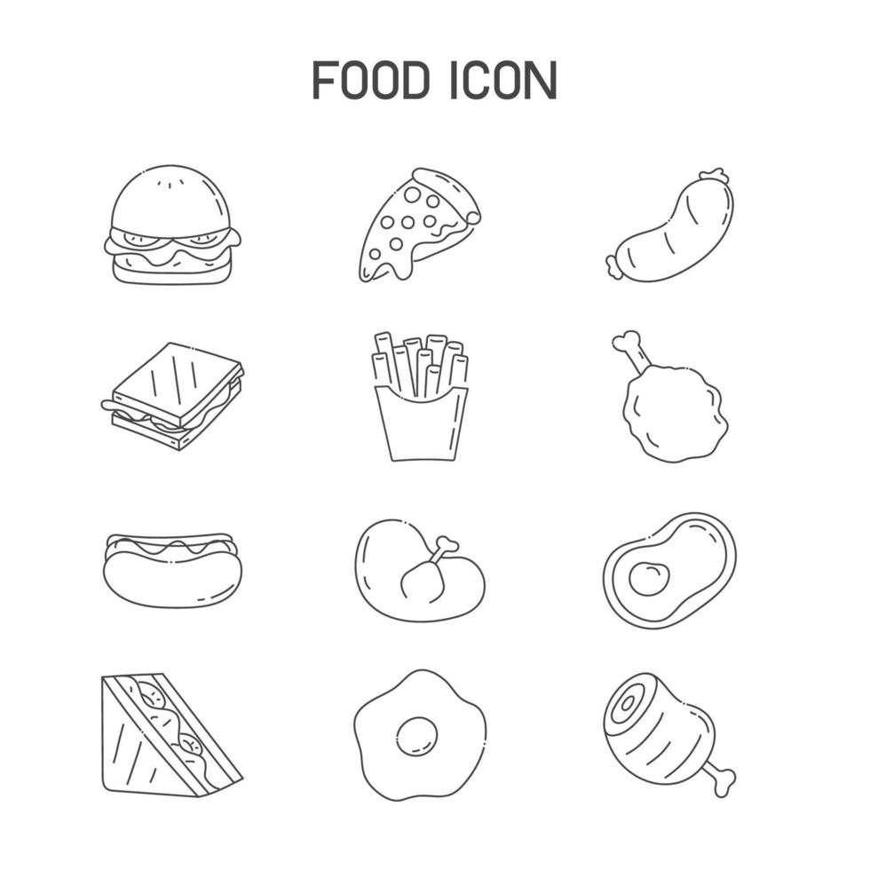 conjunto de ícones de alimentos, símbolo, contorno preto, 12 ícones, vetor, ilustração. vetor