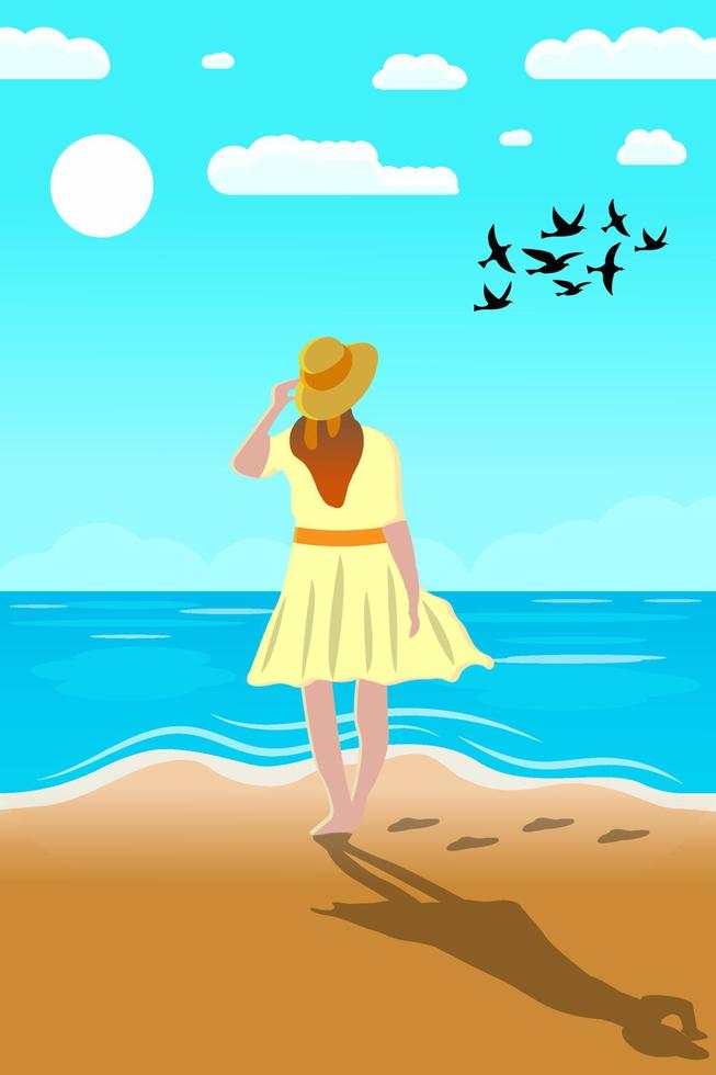 paisagem de uma mulher na praia observando pássaros vetor
