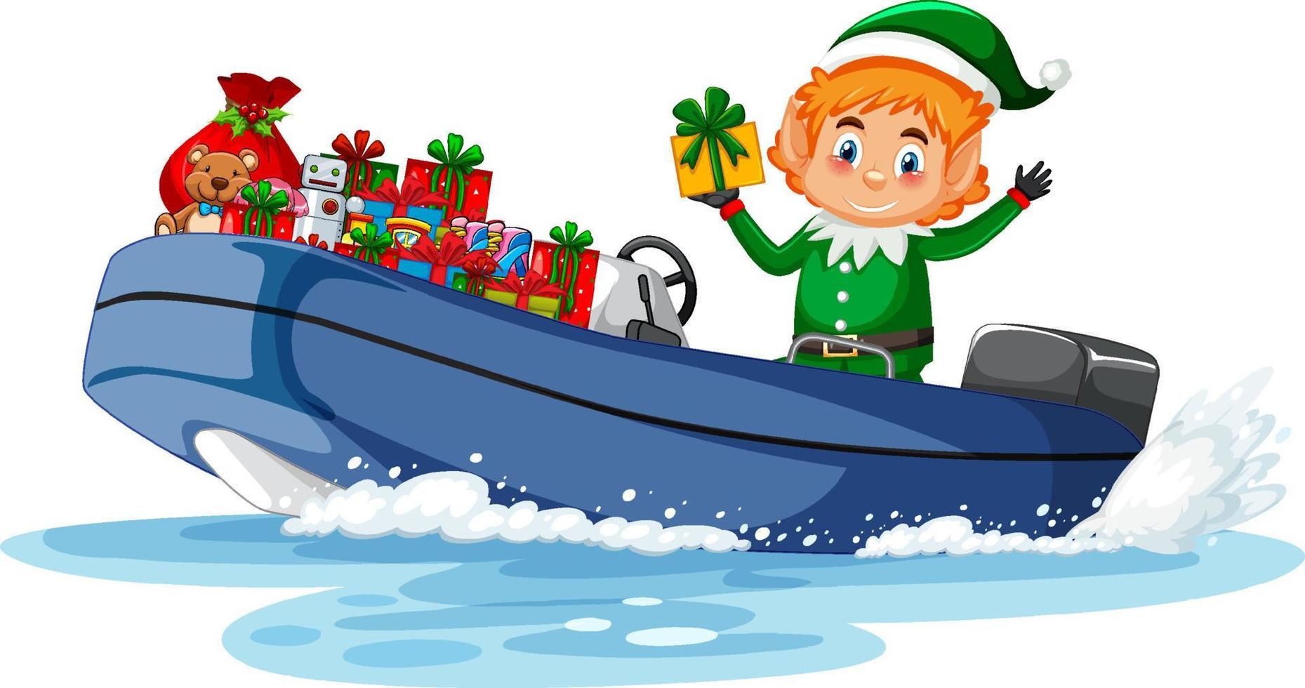 duende de natal no barco com seus presentes vetor