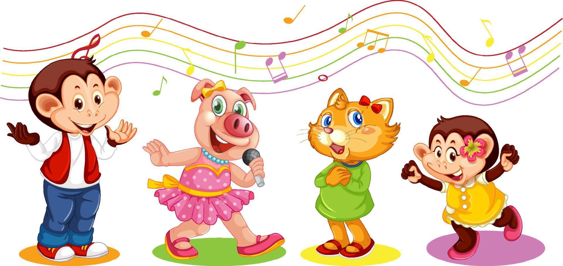 animais fofos personagem de desenho animado com símbolos de melodia musical vetor