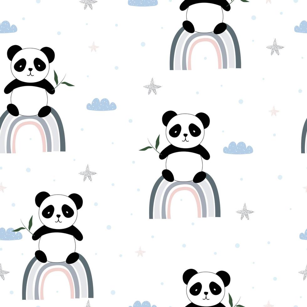 Seamless pattern, o panda segurava uma folha de bambu no arco-íris e tinha nuvens flutuando ao lado dela. animal background cartoon personagem bonito estilo desenhado à mão em crianças. ilustração vetorial vetor