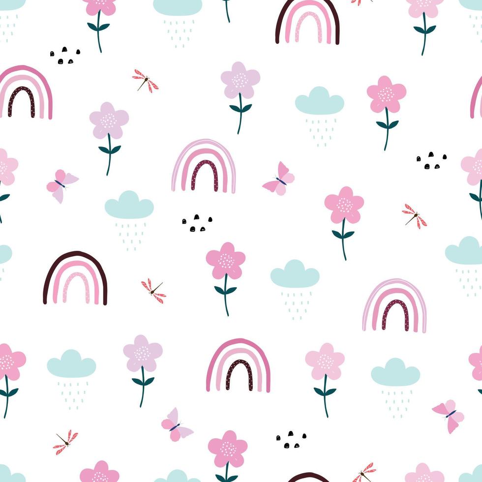 Vector seamless pattern arco-íris e flor fundo desenhado à mão design no estilo cartoon usado para impressão de papel de parede têxtil.