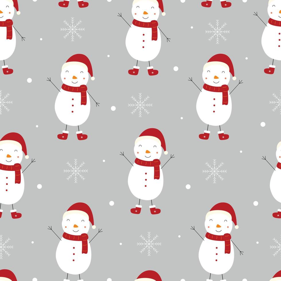 padrão sem emenda de Natal com bonecos de neve e flocos de neve em um design desenhado de mão de fundo cinza em estilo cartoon, uso para impressão, papel de parede de celebração, tecido, têxteis. ilustração vetorial vetor