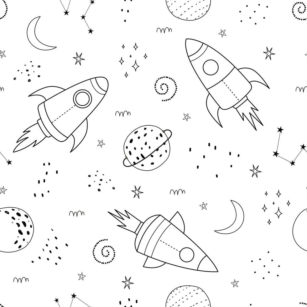 sem costura padrão espaço de fundo contém planetas e foguetes. uso de design desenhado à mão estilo doodle para impressão, papel de parede, ilustração vetorial de têxteis de moda. vetor