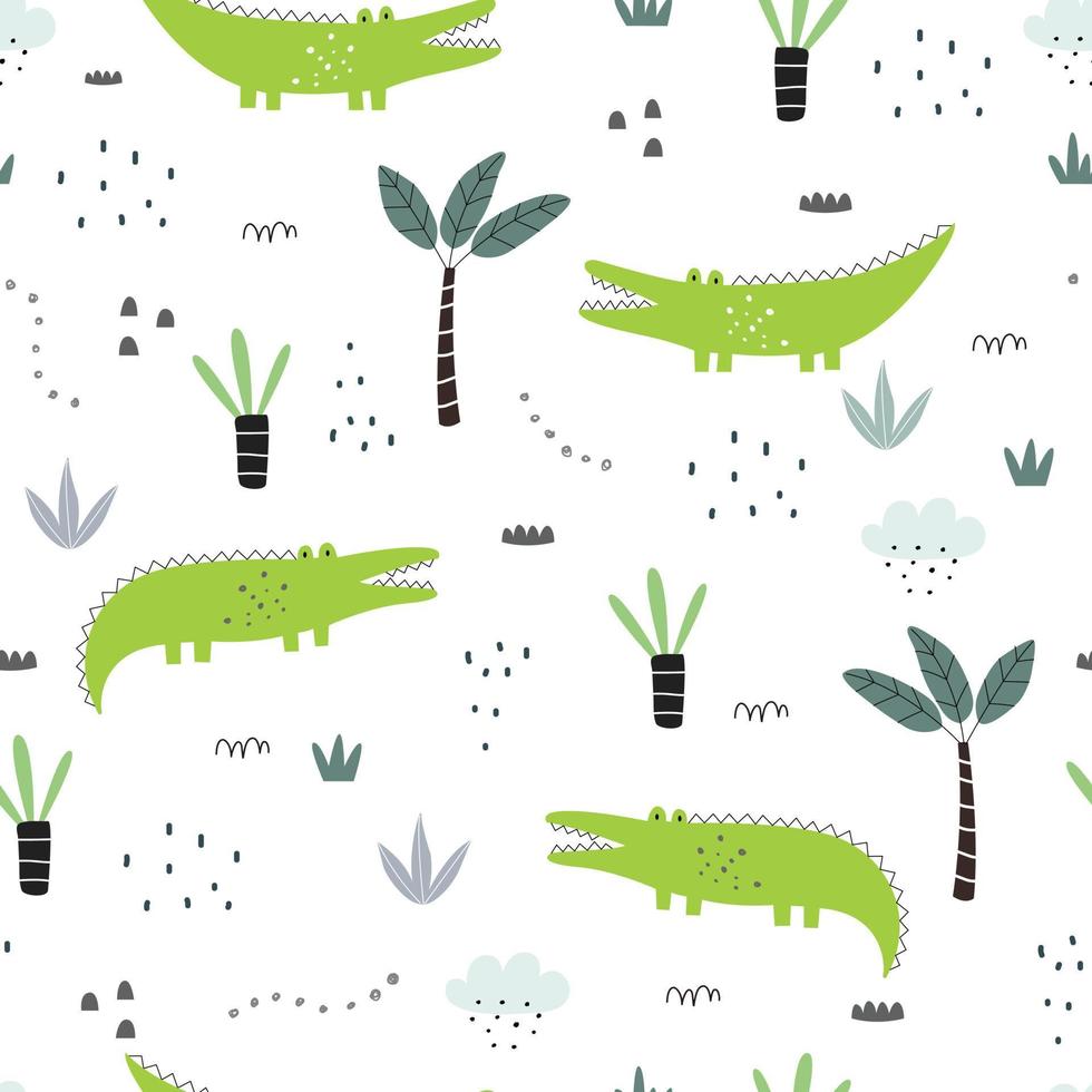 Seamless pattern cartoon background com crocodilo e árvores mão desenhada design em estilo garoto, uso para impressão, papel de parede, tecido, têxteis. ilustração vetorial vetor