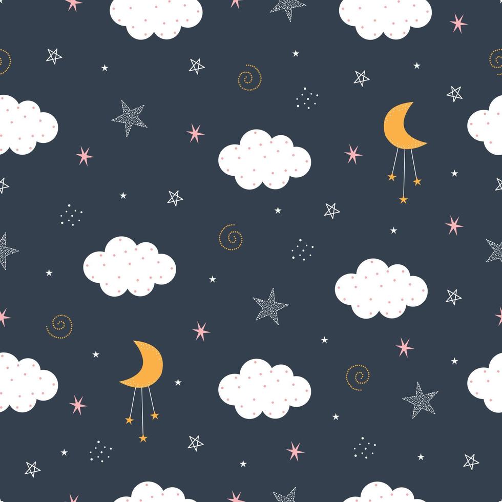 céu noturno de padrão sem emenda com lua crescente e nuvens brancas mão desenhada design em estilo cartoon, uso para impressão, papel de embrulho de presente, têxteis. ilustração vetorial vetor