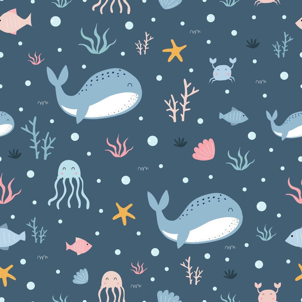 padrão sem emenda, a baleia flutua no mar com lulas e corais. desenho animado desenhado à mão fundo animal em estilo infantil usado para ilustração vetorial de tecido, tecido e moda. vetor
