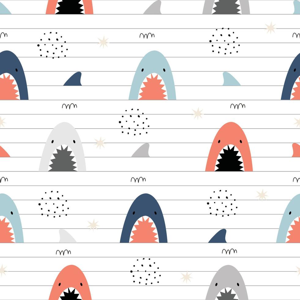 ilustração vetorial caderno de padrão sem emenda com fundo de desenho desenhado à mão de tubarão em estilo cartoon usado para impressão, tecido, têxteis vetor