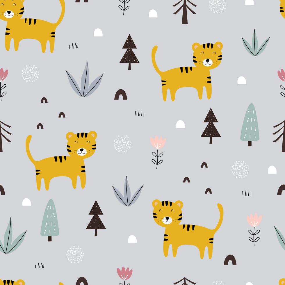 Seamless pattern cartoon background com tigres e árvores desenhados à mão em estilo infantil usado para impressão, papel de parede, tecido, moda têxtil, ilustração vetorial vetor