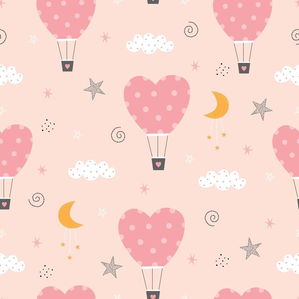 padrão de vetor sem costura fundo balão em forma de coração flutuando no design bonito do céu rosa usado para impressão, papel de parede, dia dos namorados.