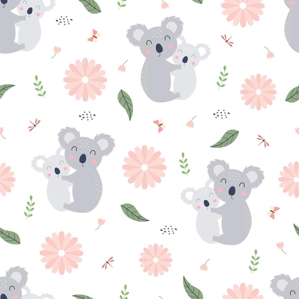 Seamless pattern cartoon background com coala e flores mão desenhada vector design em estilo infantil usado para impressão, papel de parede, tecido, têxteis.