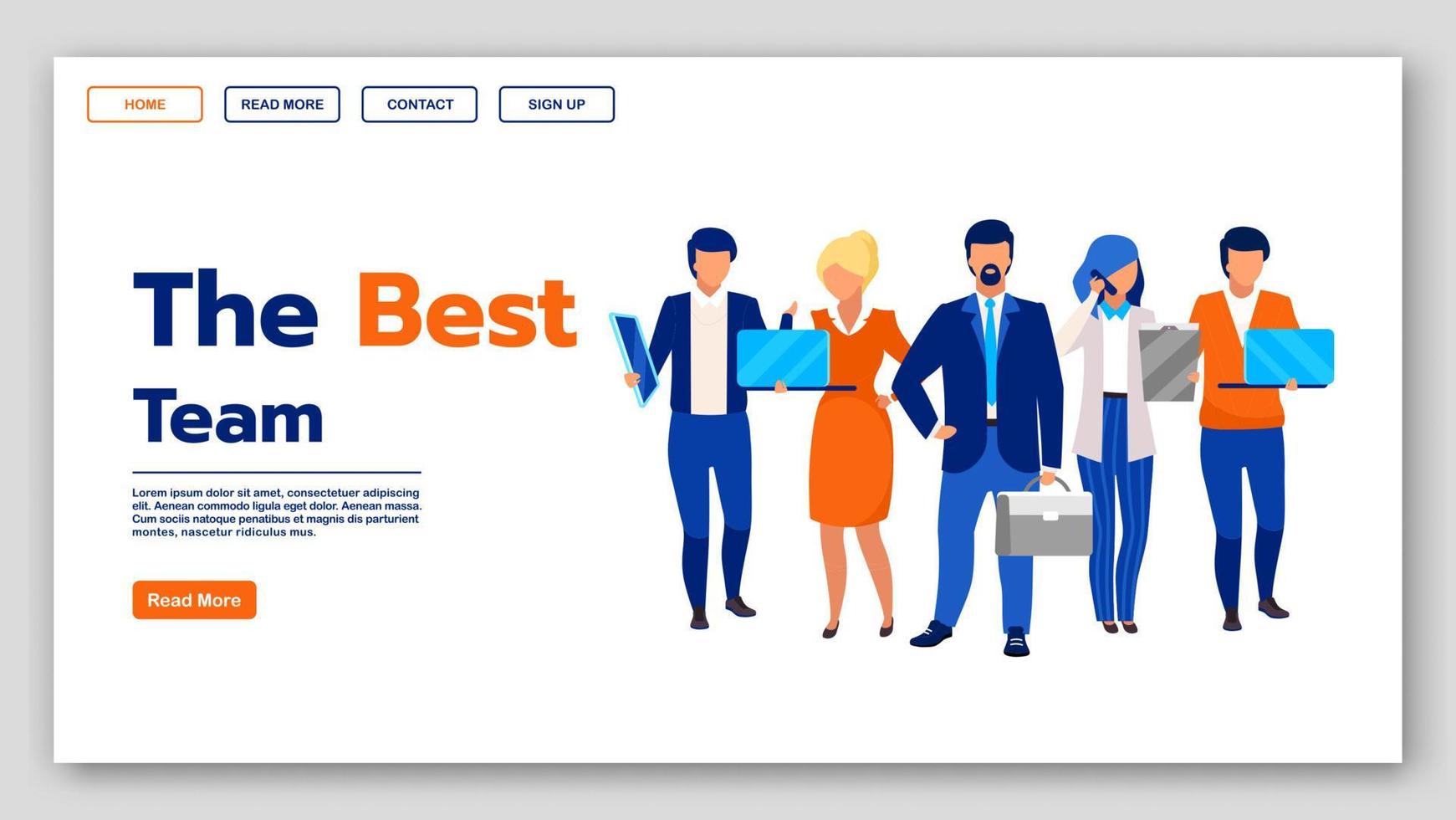 melhor modelo de vetor de página de destino de equipe. ideia de interface de site de empresa de negócios com ilustrações planas. layout da página inicial dos cursos de coworking. banner web de gerenciamento de RH, conceito de desenho de página da web