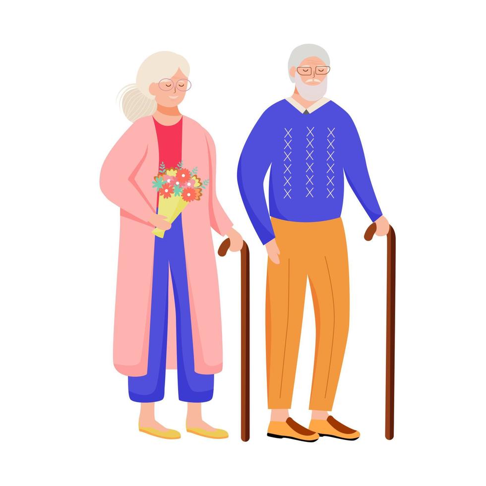 ilustração em vetor plana aposentados. família da terceira idade com bengala. casal de idosos passa um tempo juntos. mulher idosa com flores. aposentados desenhando personagens isolados em fundo branco