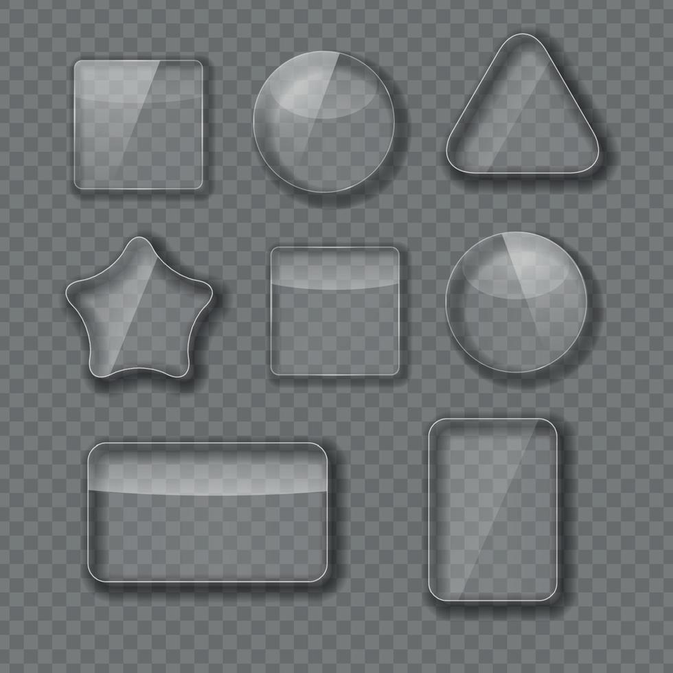 moldura de vidro, botões retangulares, estrela e redondos em fundo transparente abstrato quadriculado. ilustração vetorial vetor