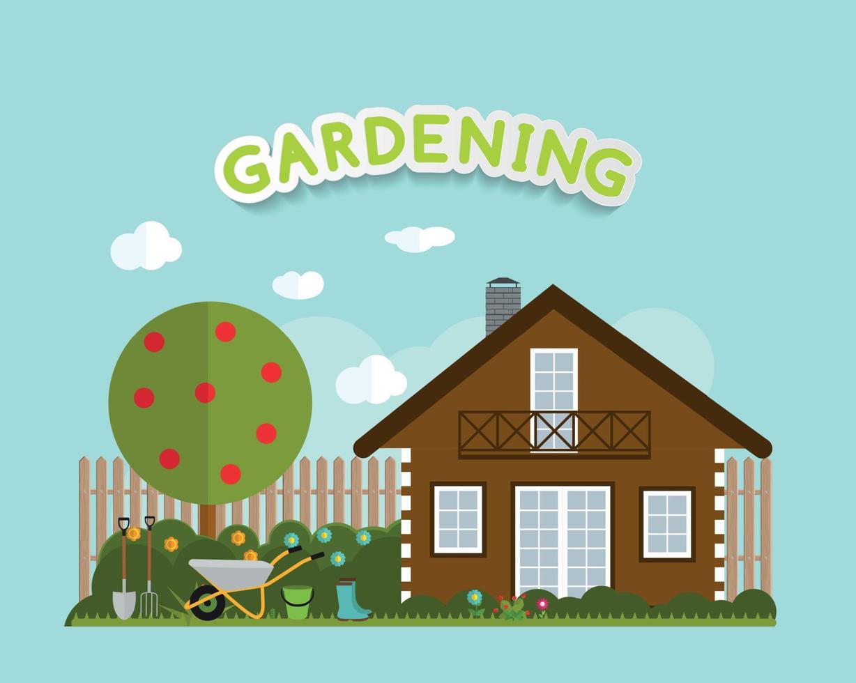 ilustração vetorial de fundo plano de jardinagem. ferramentas de jardim, árvore, cerca e arbusto em fundo natural. ilustração em estilo moderno simples vetor