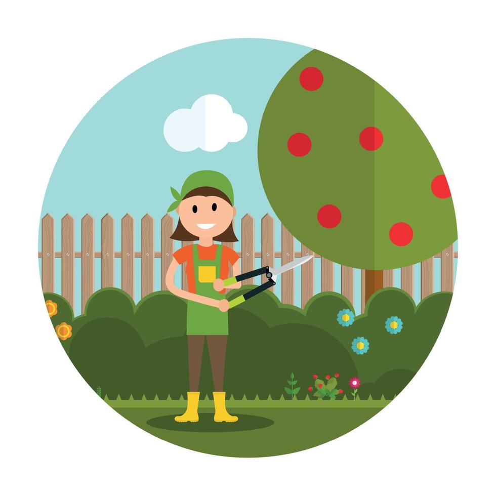ilustração em vetor fundo jardim. Agricultor jardineiro mulher com tesoura para tosquiar arbustos em estilo moderno simples