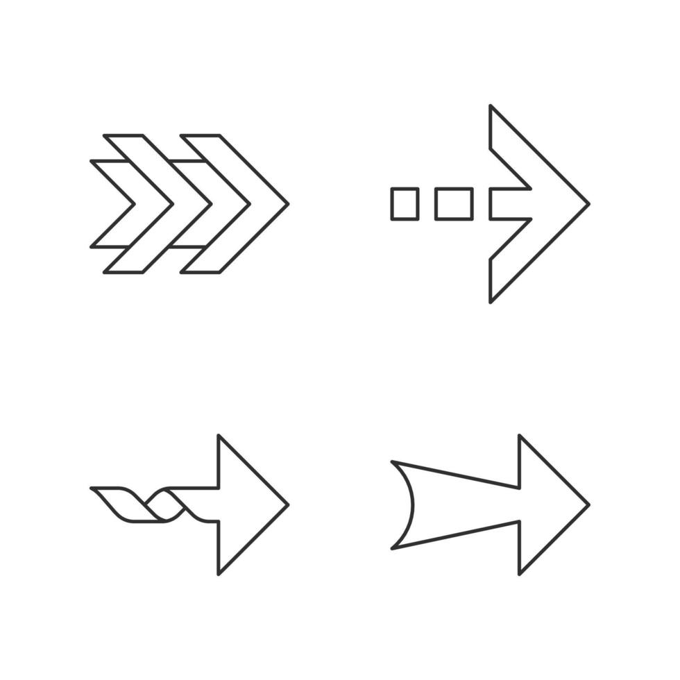 conjunto de ícones lineares de setas. setas próximas duplas, pontilhadas, torcidas e largas. ponta de seta mostrando a direção certa. apontando o sinal. símbolos de contorno de linha fina. ilustrações isoladas de contorno vetorial. curso editável vetor