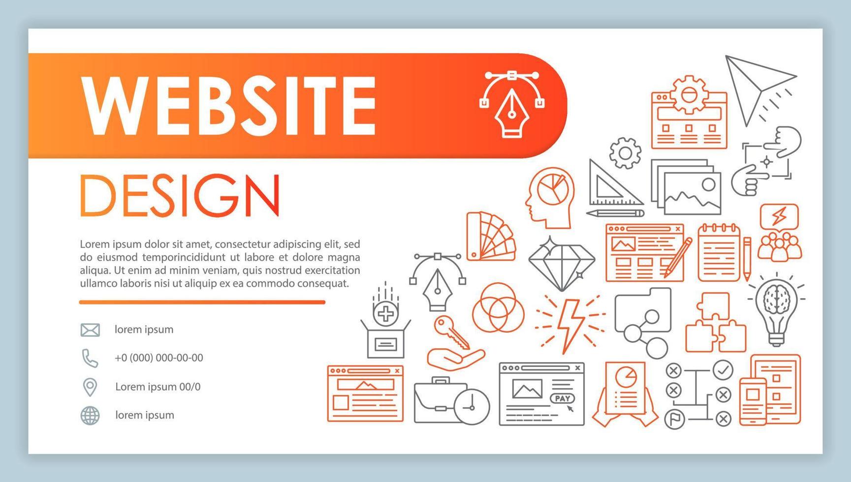 banner de design do site, modelo de vetor de cartão de visita. construtor de sites. contatos da empresa com ícones lineares de telefone, e-mail. desenvolvimento web. apresentação, ideia de página da web. layout de impressão corporativa