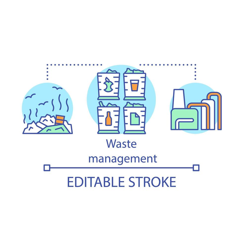 ícone do conceito de gestão de resíduos. triagem de lixo. indústria de reciclagem de lixo. fábrica de produção de resíduos zero. ilustração de linha fina de ideia. desenho de contorno isolado do vetor. curso editável vetor