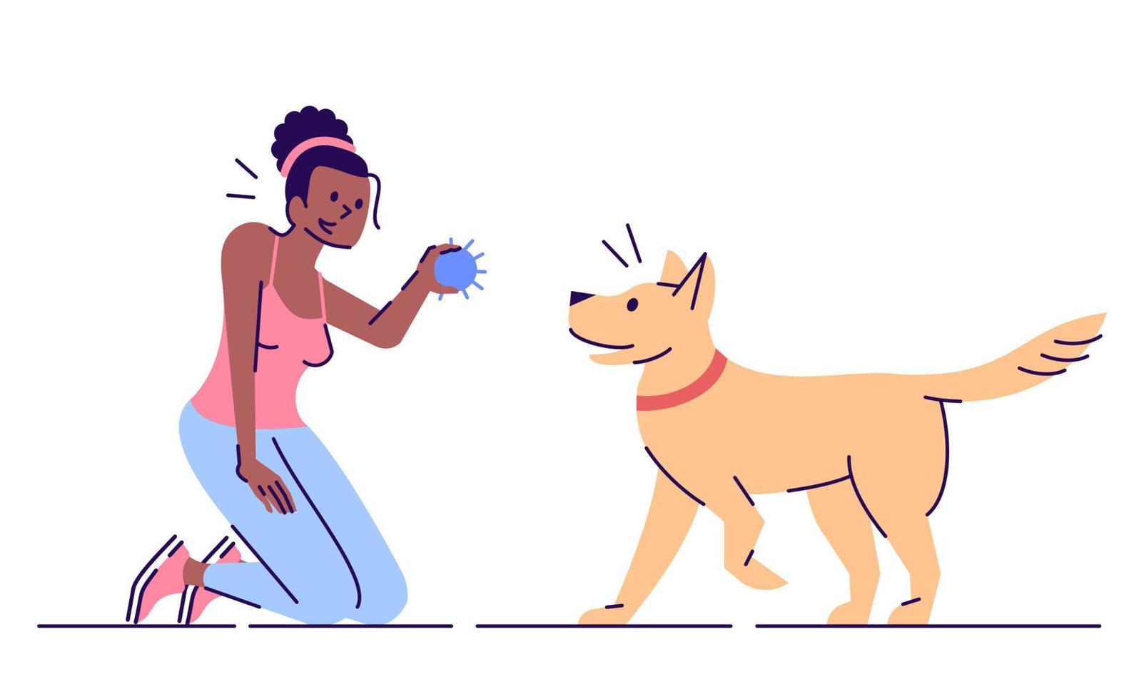 jovem se divertindo com a ilustração vetorial plana de cachorro. lazer ativo. garota afro-americana sorridente e fiel personagem de desenho animado brincalhão com elementos de contorno em fundo branco vetor