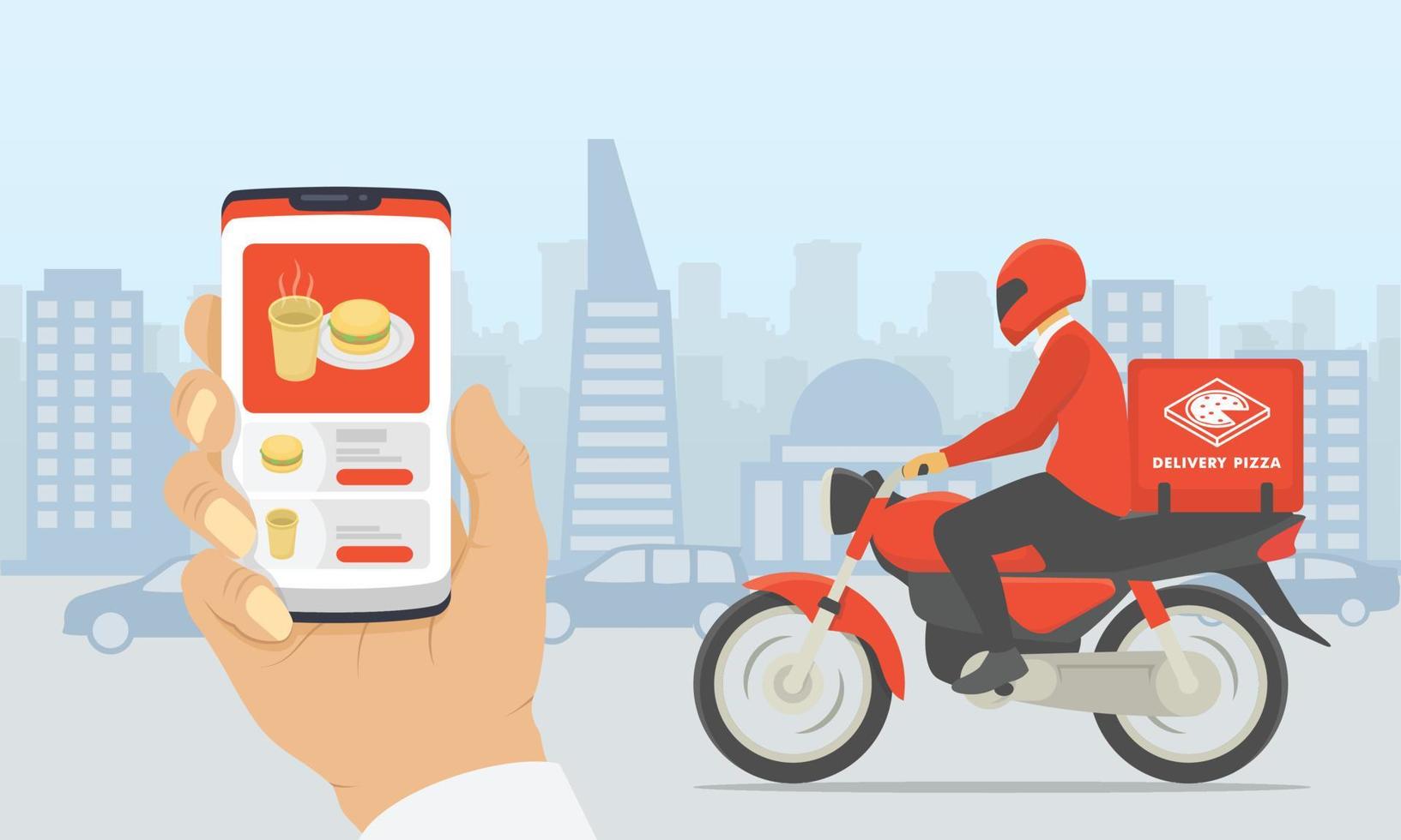 Entrega de fast food com aplicativos de motocicleta e smartphone com fundo da cidade sillhouette - vetor