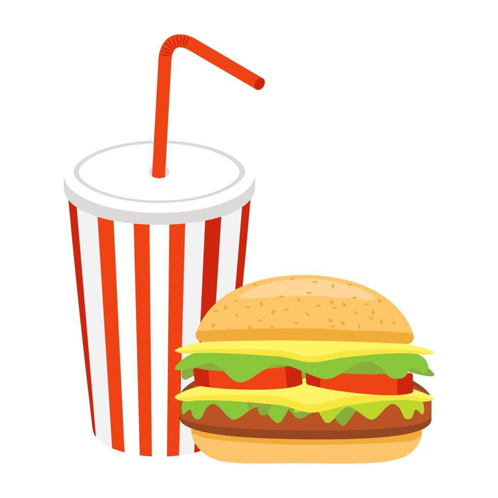 conjunto de fast food, hambúrguer e refrigerante vetor