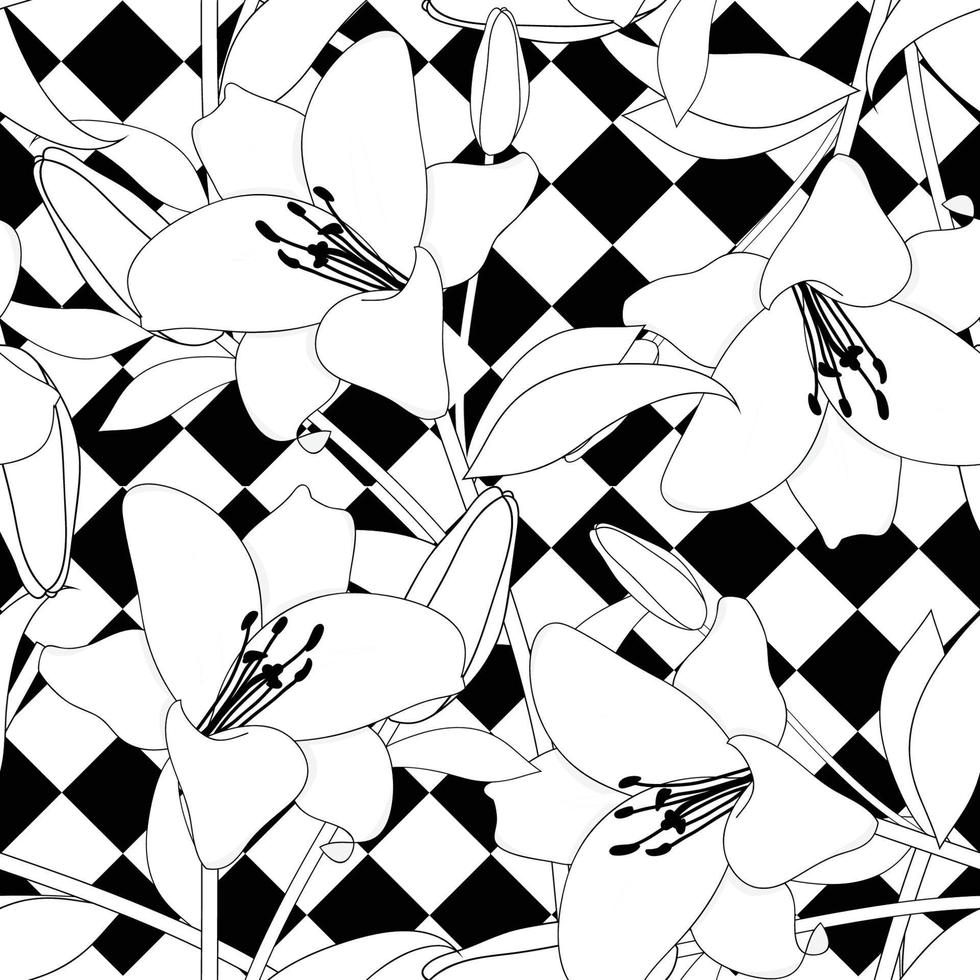 flor branca no tabuleiro de xadrez japonês sem costura em fundo preto.  ilustração vetorial 5124703 Vetor no Vecteezy