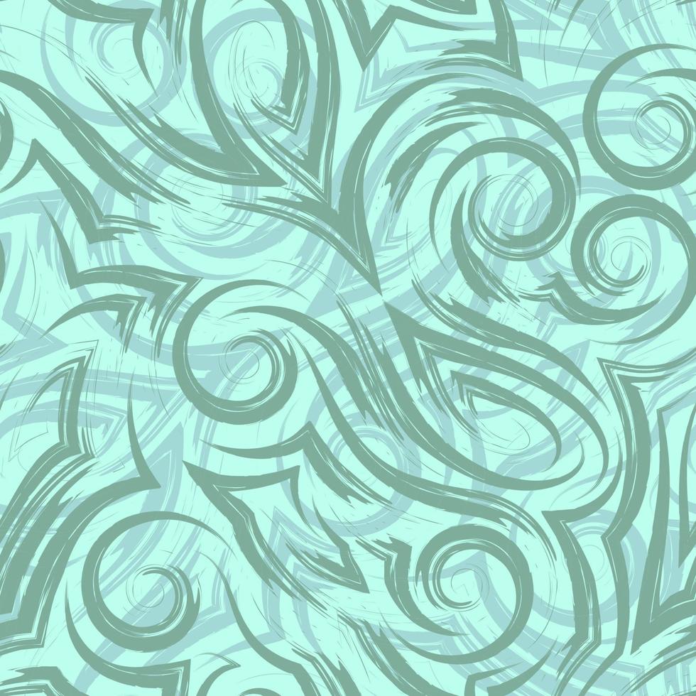 Vetor padrão sem emenda verde de ondas ou redemoinho desenhado com um pincel para decoração em um fundo turquesa. linhas suaves e desiguais na forma de espirais de cantos e loops