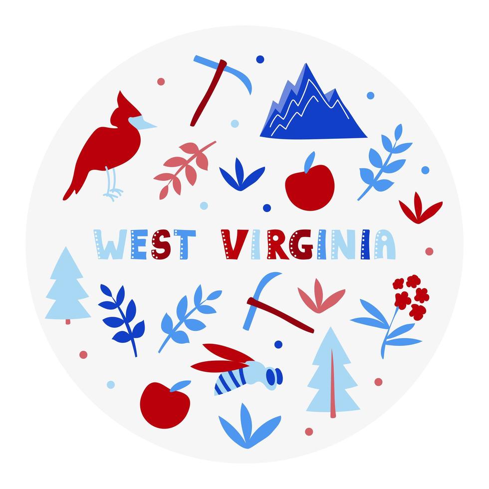 coleção dos EUA. ilustração do vetor do tema da Virgínia Ocidental. símbolos de estado