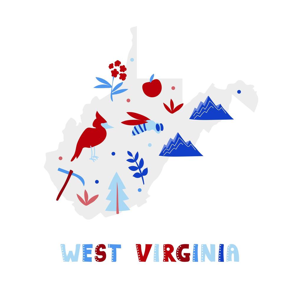coleção de mapas dos EUA. símbolos estaduais na silhueta estadual cinza - oeste da Virgínia vetor