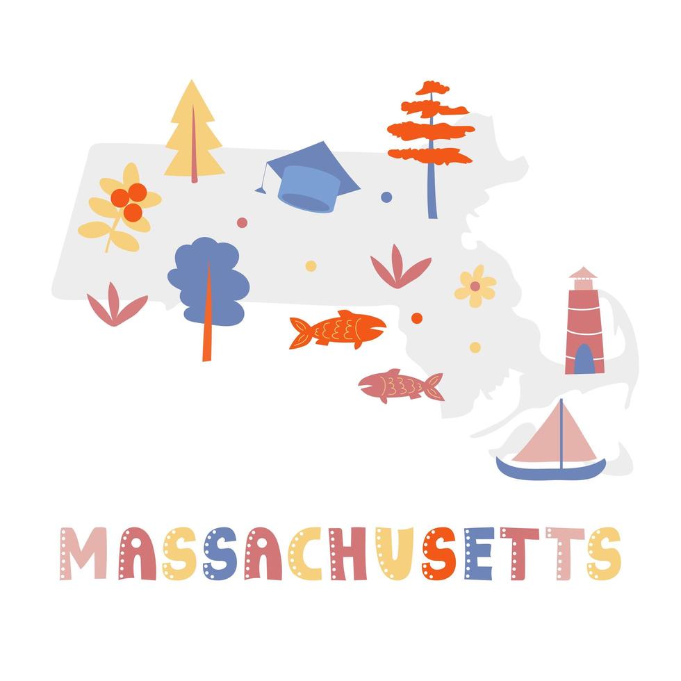 coleção de mapas dos EUA. símbolos estaduais na silhueta estadual cinza - Massachusetts vetor