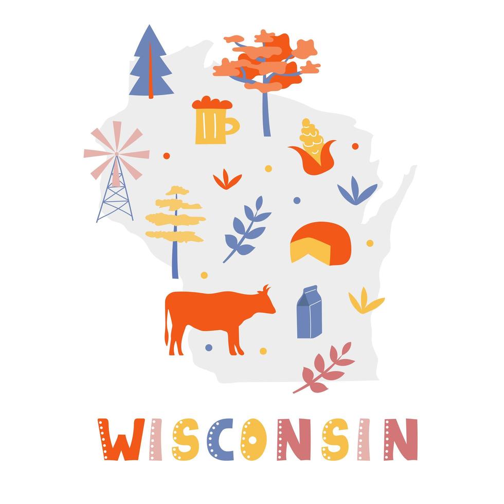 coleção de mapas dos EUA. símbolos do estado na silhueta do estado cinza - Wisconsin vetor