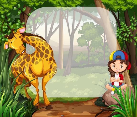 Menina e girafa na floresta vetor