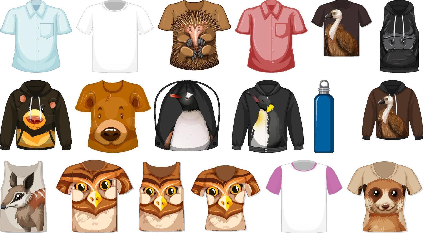 conjunto de diferentes camisas e acessórios com estampas de animais vetor