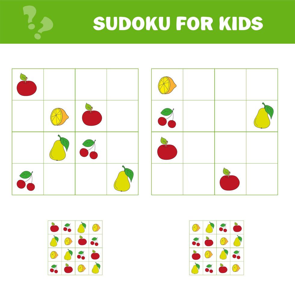 jogo de sudoku para crianças com fotos. folha de atividades para crianças. frutas dos desenhos animados. vetor