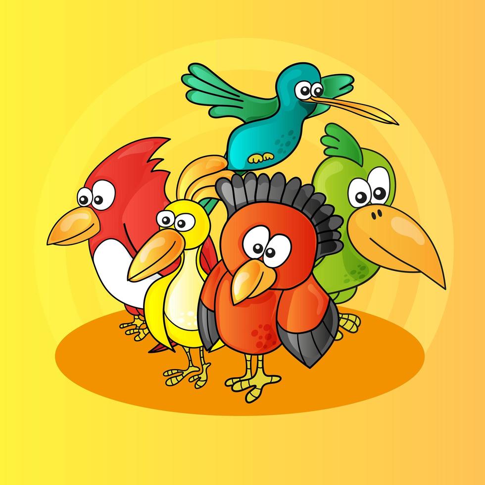 ilustração de pássaros de personagens engraçados em fundo amarelo vetor