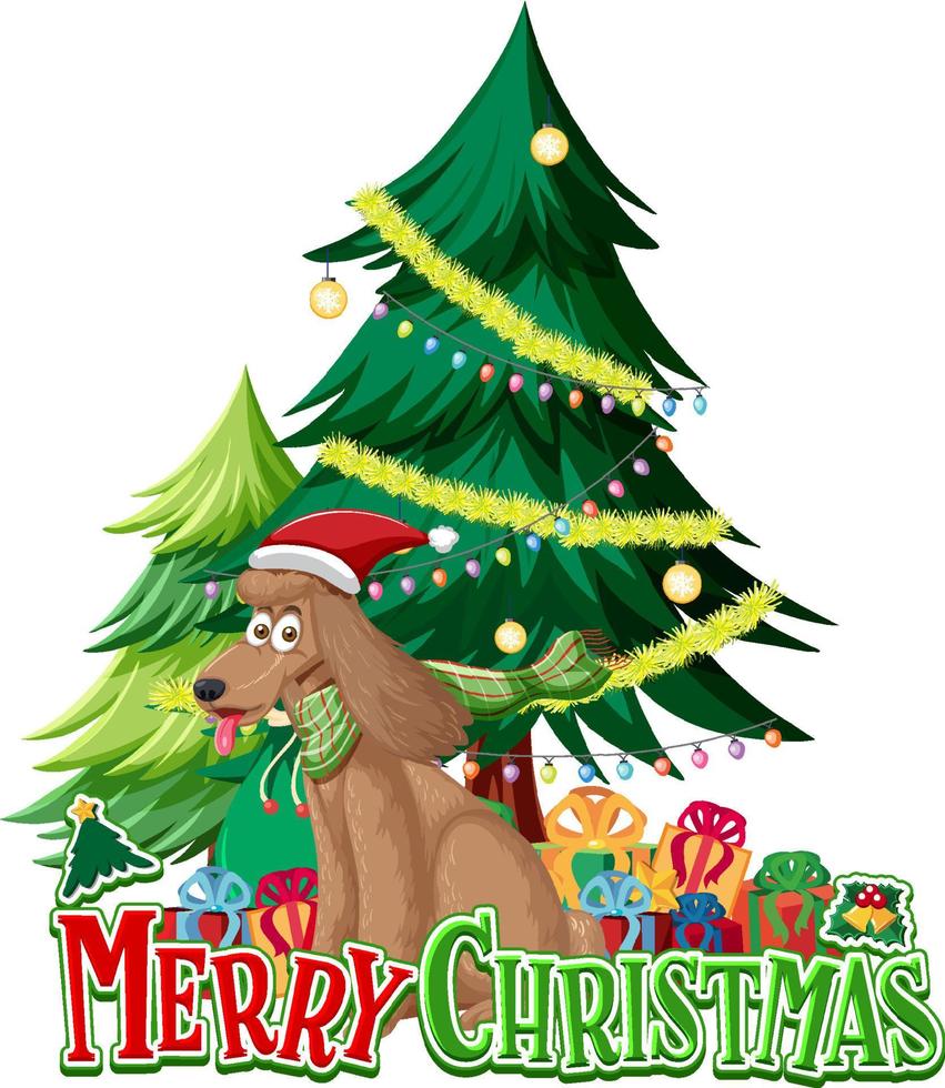 logotipo de texto de feliz natal com árvore de natal e cachorro fofo vetor