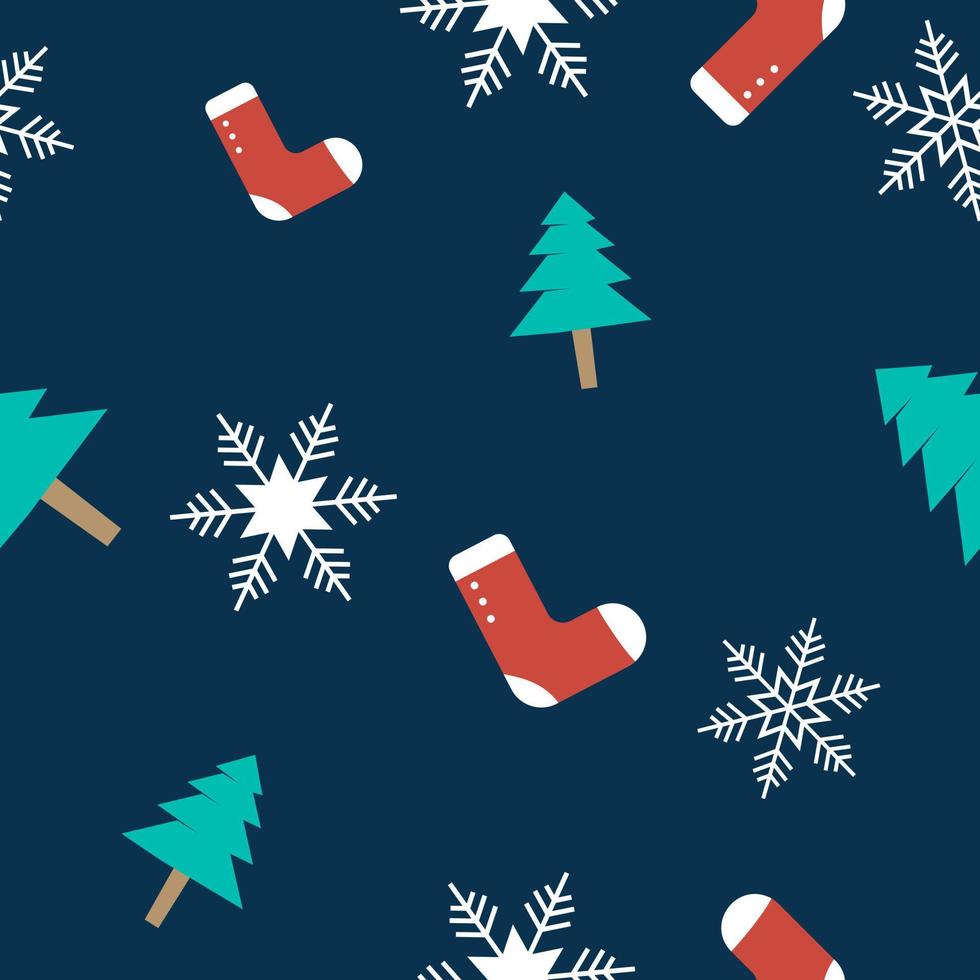 padrão de repetição perfeita de tema de natal criado com elementos como árvore de natal, meias e flocos de neve, amostra de padrão vetorial desenhada à mão para têxteis, tecidos, papel de embrulho, embalagens e pano de fundo da web. vetor