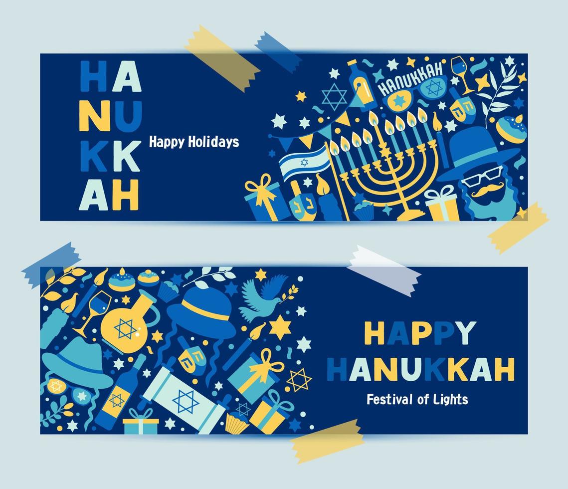 feriado judaico hanukkah banner azul escuro conjunto e símbolos tradicionais de chanukah de convite. vetor