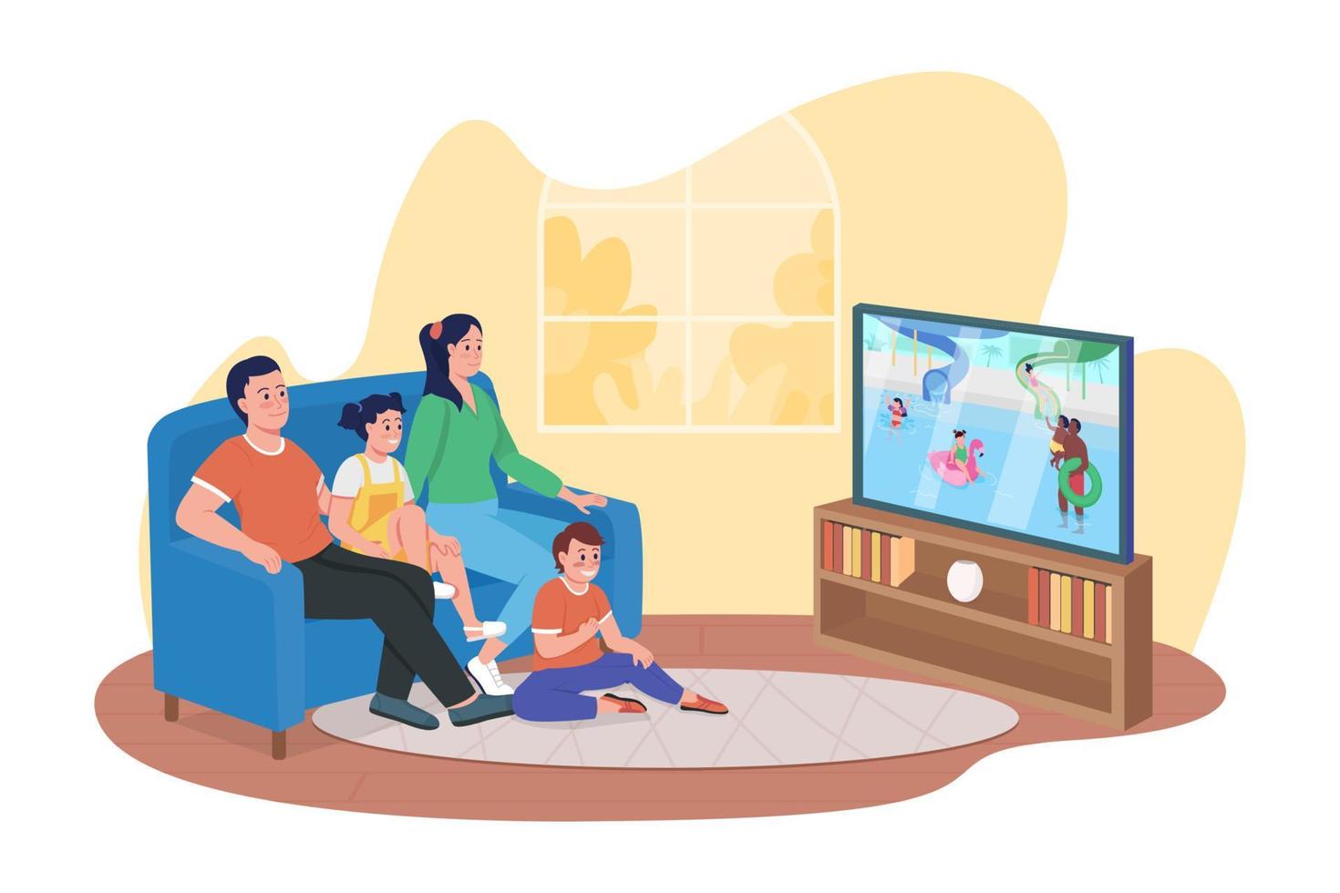 assistindo programa de entretenimento 2d ilustração vetorial isolada. sorrindo membros da família sentados no sofá plana personagens no fundo dos desenhos animados. passando um tempo juntos em casa cena colorida vetor